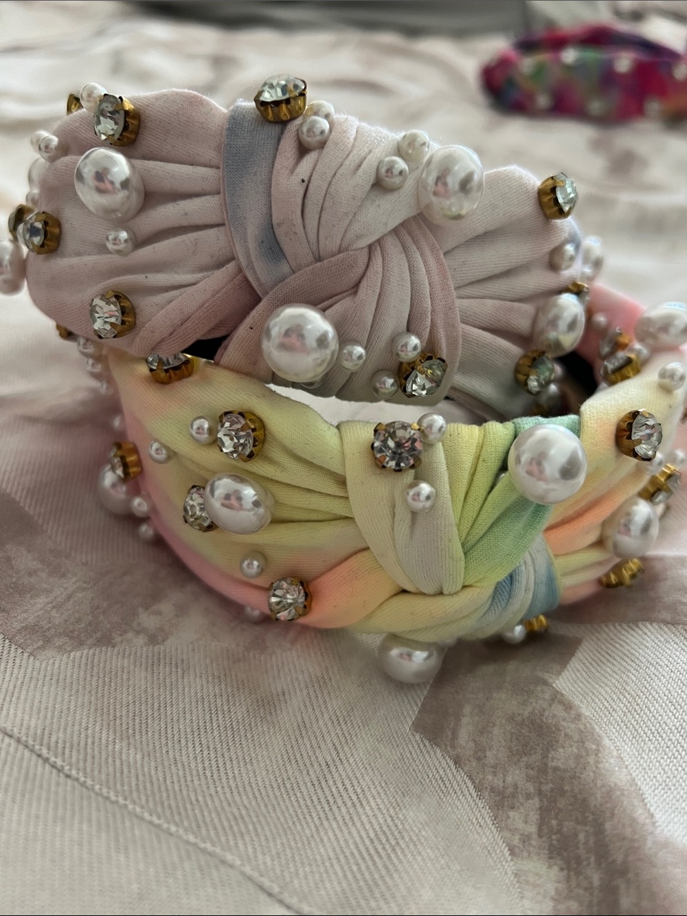 Pearl & Crystal Embellished Knot Headband - Pastel Multicolor/Tie Dye